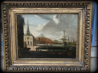 Tableau encadré (huile sur panneau chêne) XVIIème cadre d'époque : paysage maritime humanisé